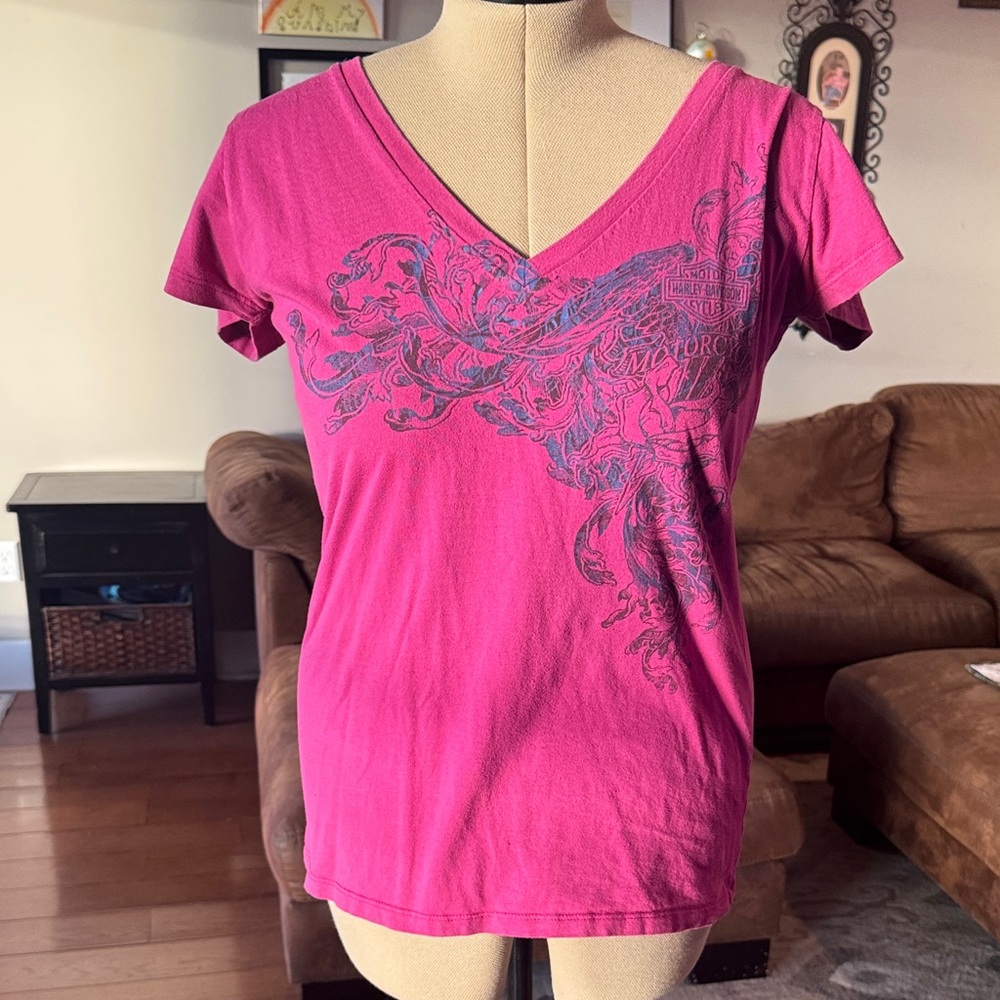 Harley-Davidson Pink V-Neck Tee with Blue Graphic